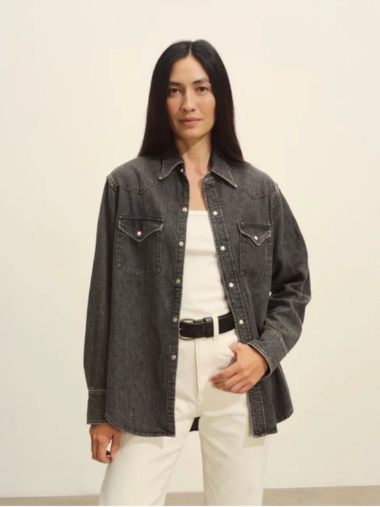 Buck Mason Tops - Buck Mason Button Down Nep Western Shirt in Black Washed Denim